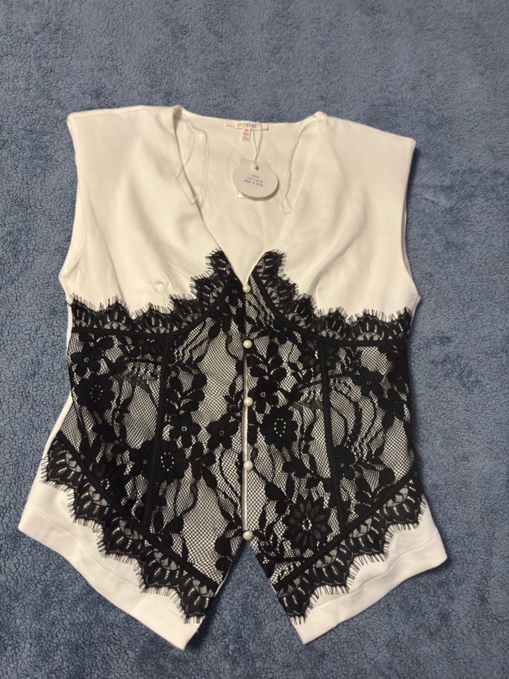 Pastels White Sleeveless Top with Black Lace Trim
